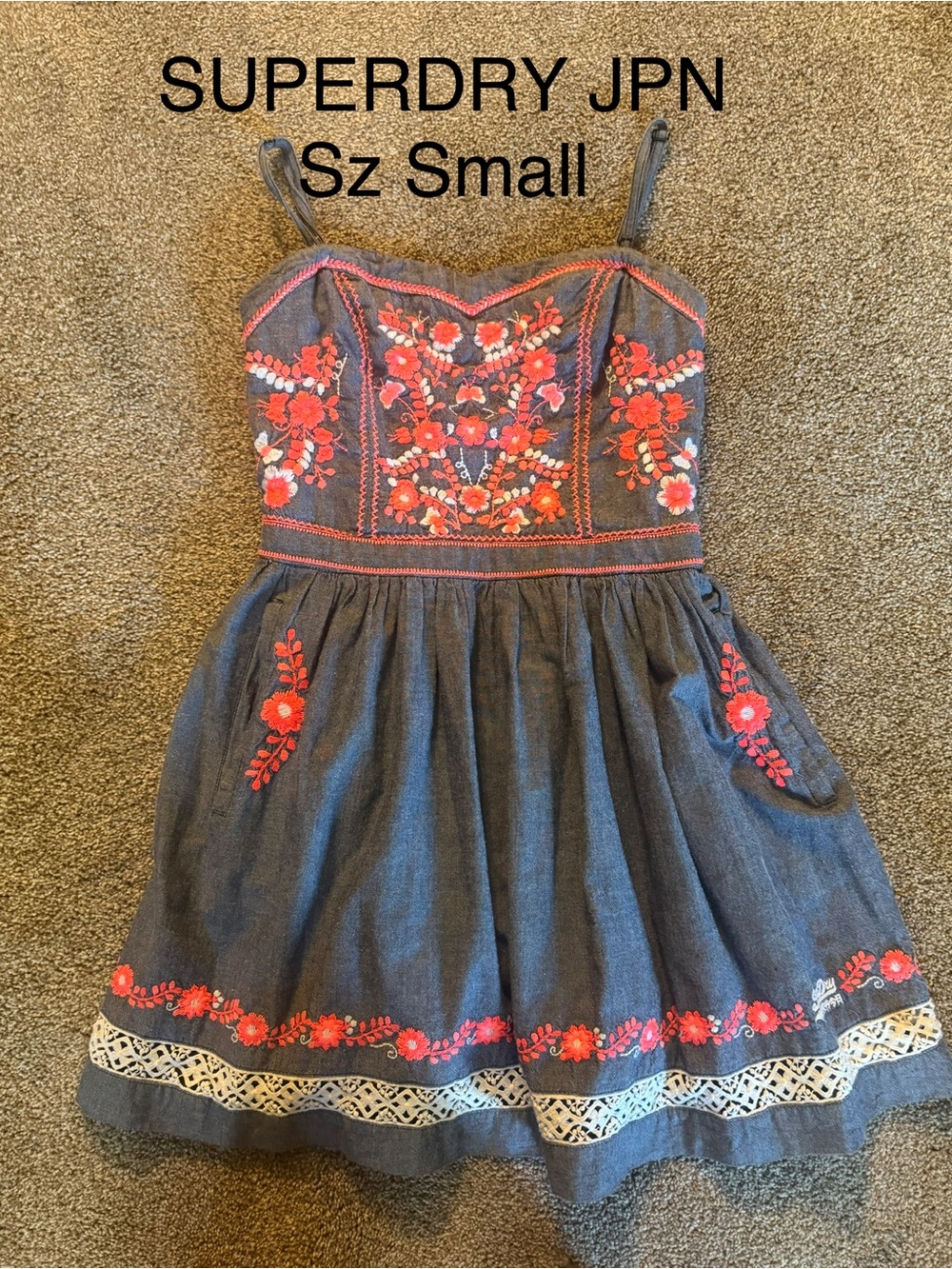 Superdry JPN Denim-Style Dress with Red and Pink Floral Embroidery SZ SMALL